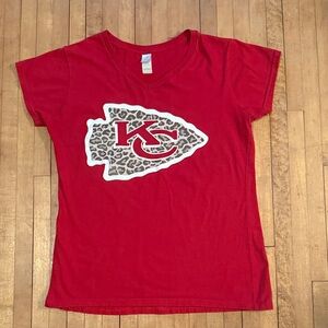 Gildan Red Short Sleeve V neck Tee with Leopard Print KC Logo
